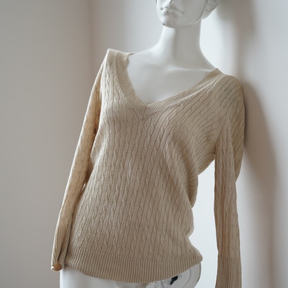 JCREW Linen 3/4 Sleeve Cable Knit V-Neck Sweater in Tan - Size Medium - Picture 3 of 6